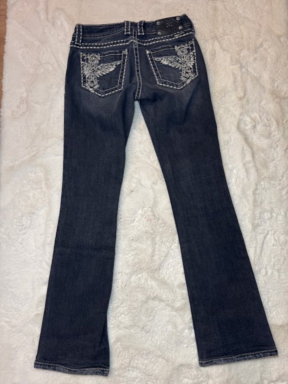 Miss Me JES11784L Dark Wash Angel Wings Thick Stitch Bootcut Jeans Sz 27